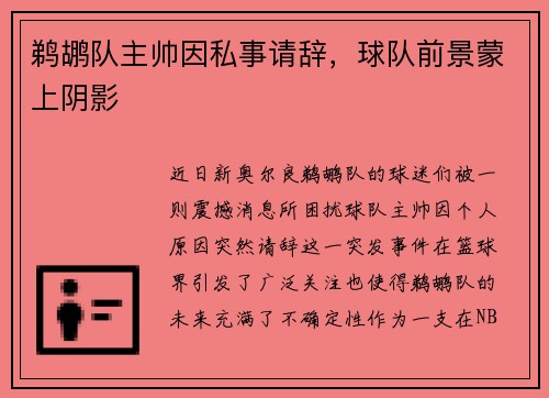 鹈鹕队主帅因私事请辞，球队前景蒙上阴影